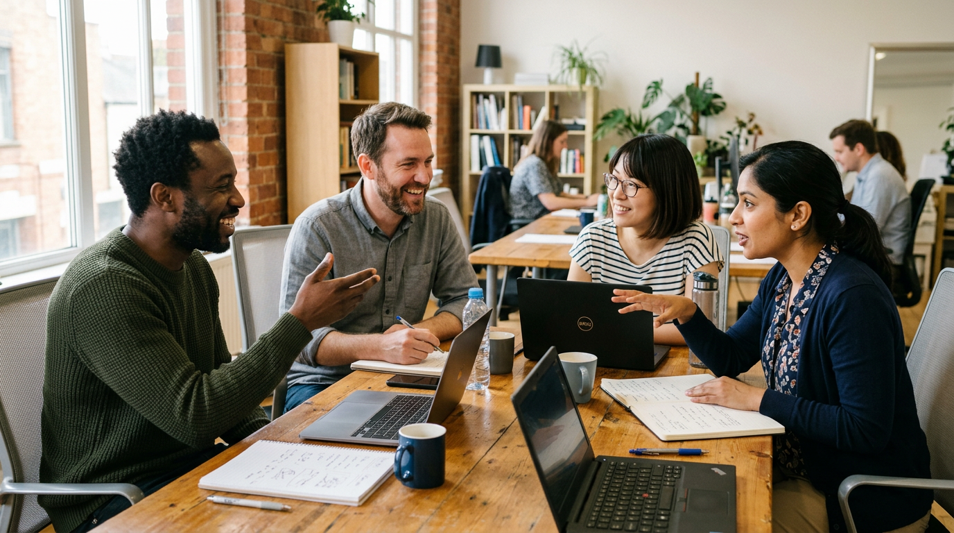 A diverse team of colleagues collaborating with laptops around a meeting table